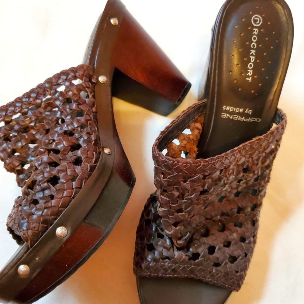 Rockport Braided Woven Studded Leather Chunky Heel Wood Sandals
